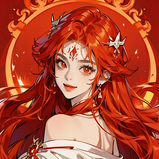 A beautiful goddess with a glowing vibrant red hue orange long hair with red crimson pupils, with a soft confident smile.