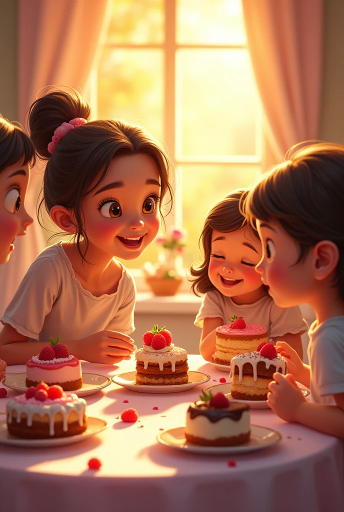 Create a watercolour theme about this story "As the sun began to set, Vina’s friends arrived, and they were amazed by the wonderful treats. Each friend picked their favorite dessert and enjoyed it with big smiles." (Vina is the daughter. Vina's friends is other children in Sweetopia)
