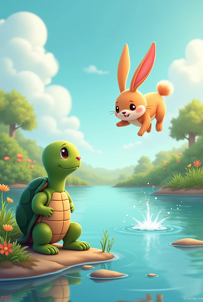 a turtle watching rabbit diving into the water in cartoon style