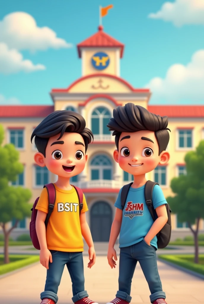 Make a two animated cute boy standing, the one is wearing an BSIT shirt and the one is wearing as the shirt embroidery BSHM as their chosen department. The background is in front of therir university: Central Luzon state university