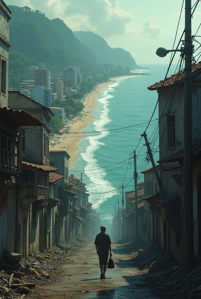 image of the poster describing the devastating impacts of global warming in Vila Velha in the year 2200, with the submerged beaches and the city in ruins.