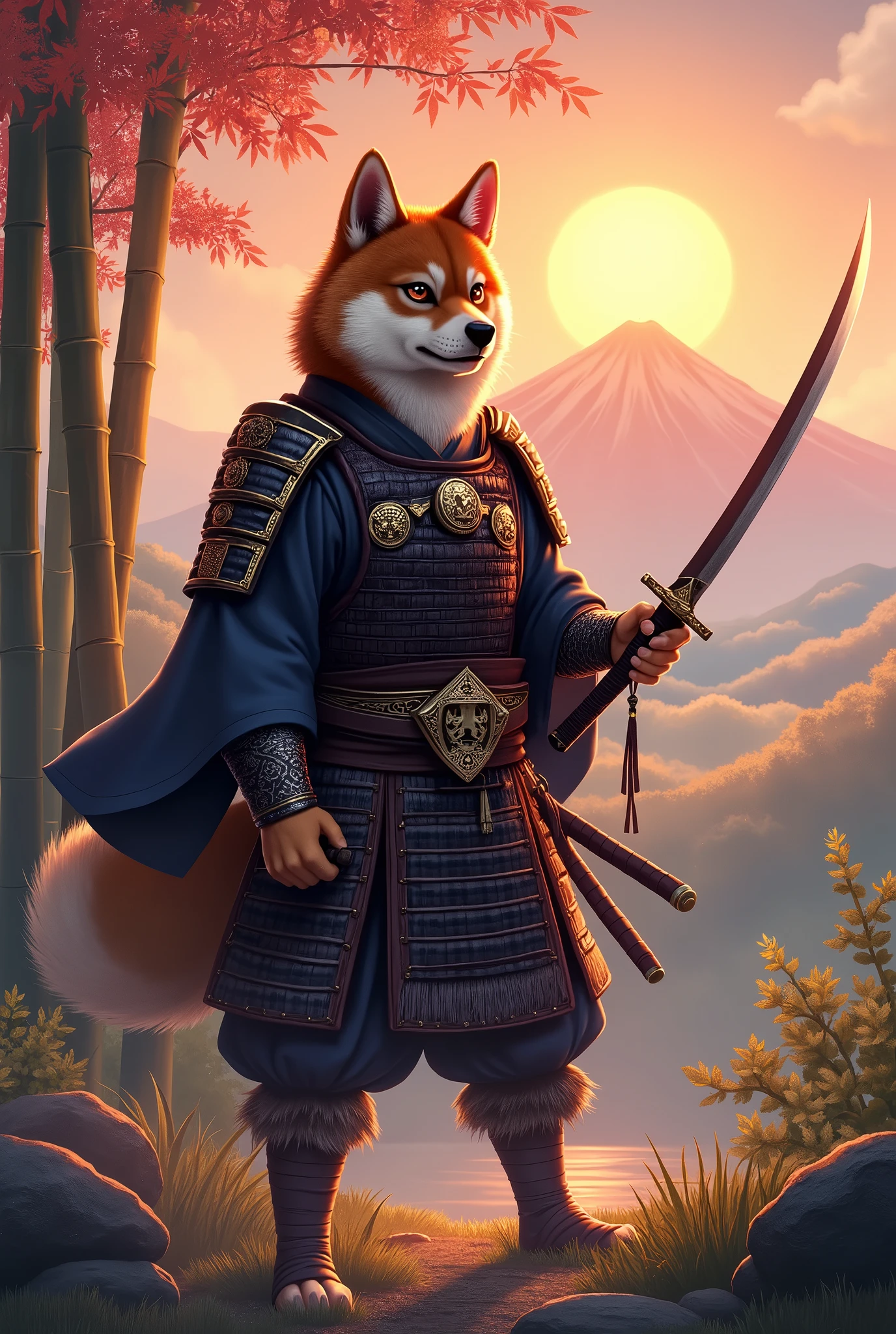 A Shiba Inu samurai is holding a sword