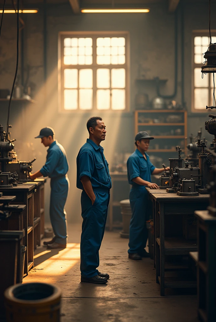 Sunlight shines into the old workshop，There are many old equipment in the workshop.，A Chinese master worker in blue work clothes，Leading two Chinese workers to operate old machine tools，Production of auto parts，Working overtime。
