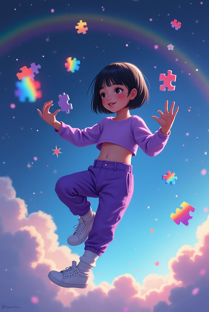 short black hair 10 year old asian Girl in a purple crop top Shirt and purple pants and white high cut shoes Floating in space playing Puzzle and rainbows