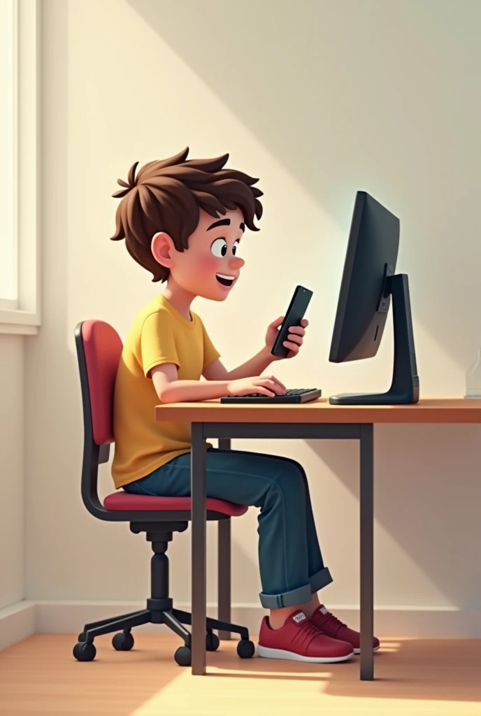 A kid who sitting on a chair and table and computer front and tolking front of camera
on mobile screen with a plain full body