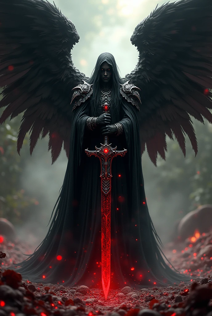Azrael avec une épée majestueux noir et rouge planter dans le sol