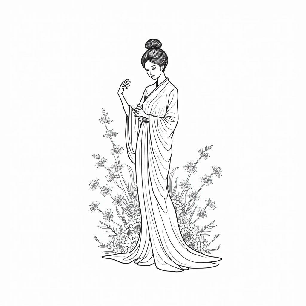 Coloring Book , Thin black line , White background with large negative space , Simple style , Traditional Chinese beauty pattern , Poetic atmosphere
