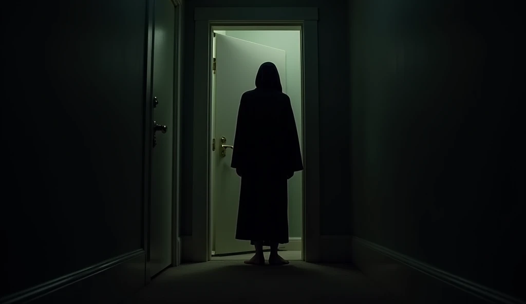 First person view, a dark shadow hunched figure in dark robe stands in front of the closed door, you can see a pair of the viewer's feet. It is midnight and the small bedroom is dimly lit by an unseen night lamp