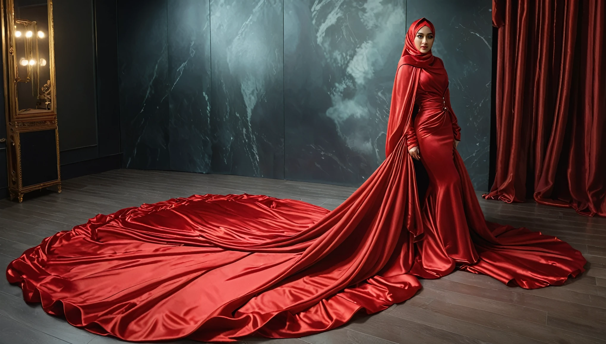 A woman shrouded in a 4-meter-long, plush red satin cloth, tightly bound and grandly draping along the form of her body, flowing off into a pooled floor-length train, styled in a mermaid-inspired outfit, her head modestly veiled in a satin hijab, a full-body pose conveying a sense of mysterious elegance, captured in a 4k resolution, ultra-realistic