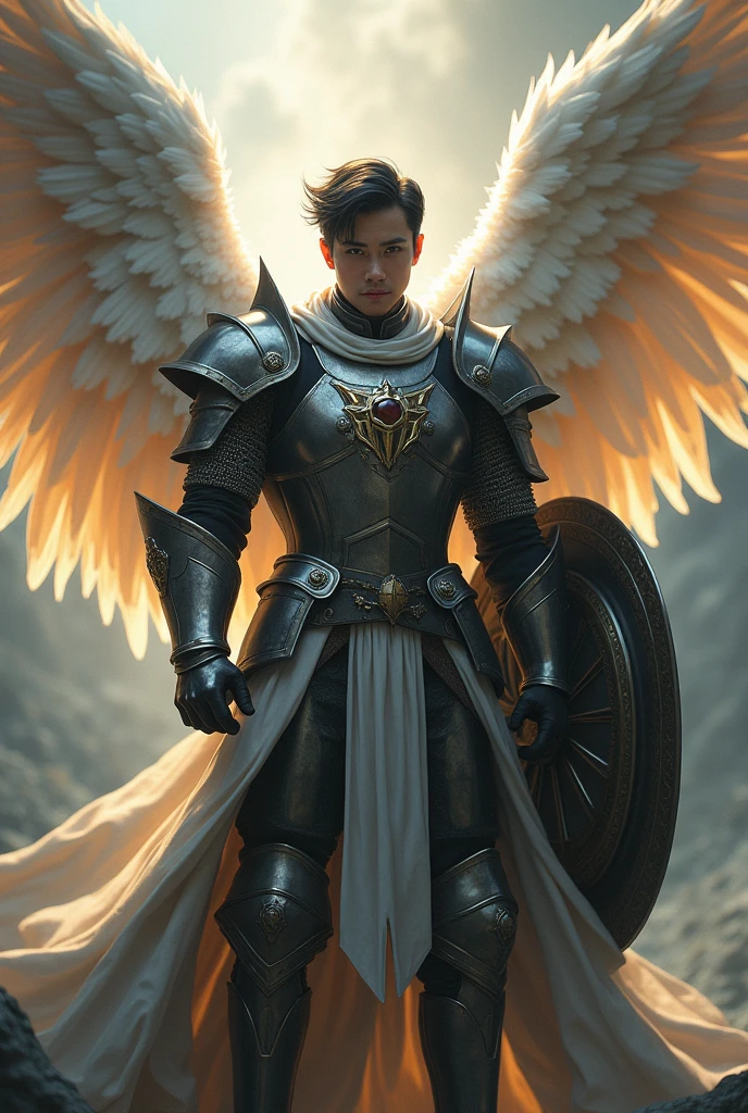 masterpiece, best quality, realistic, ultra detailed, movie poster style, dungeons and dragons character design, celestial, cute bruneian man with round face, soft facial features, muscular, stylish dark hair, majestic white angel wings, homoerotic heavy armor, holding up a shield that deflects arrows, god rays, extremely dramatic lighting, perfect fingers, perfect hands, perfection
