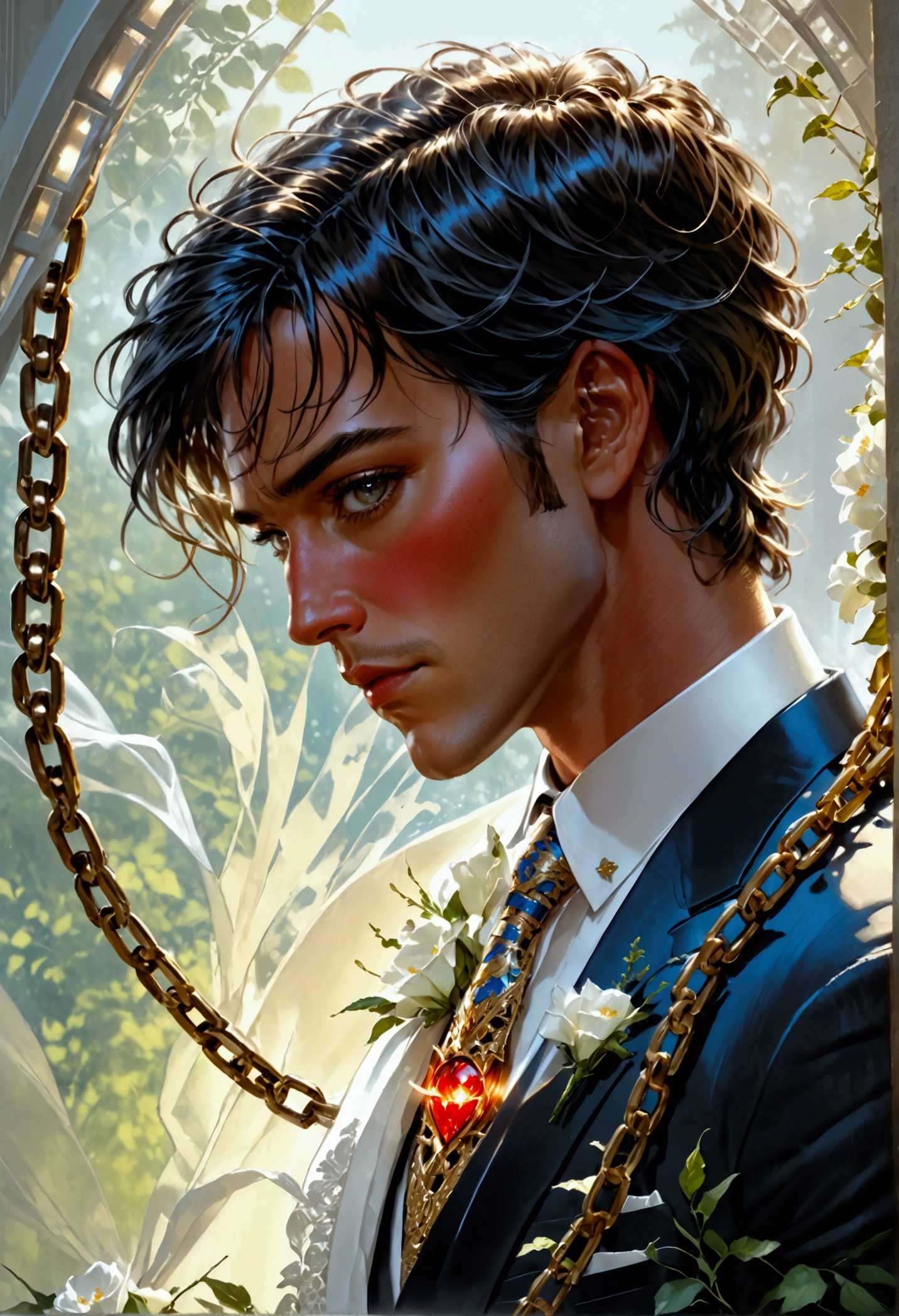 oil painting anime comic art, Larry Elmore, art of a groom held by ((radiant chains: 1.2)), in his wedding day and his bride, a handsome groom, wearing suit and tie, BREAK AND a beautiful, sexy bride, busty bride, wearing white leather wedding dress, the chain holds the groom, with chains, the chain forms the shape of red glowing heart, cinematic light, High Detail, Ultra High Quality, High Resolution, 16K Resolution, Ultra HD Pictures, Ultra Realistic, Clear Details, Realistic Detail, Ultra High Definition, rpg portrait, art by mooncryptowow
