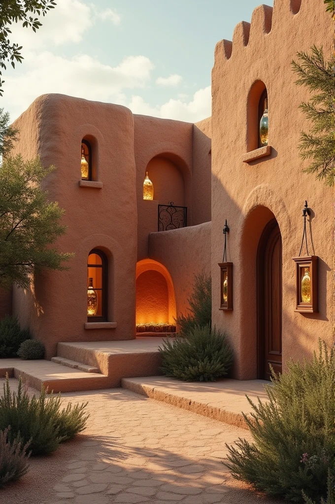 Create an earthy-toned image with elegant typography over an adobe brick company with embedded glass bottles