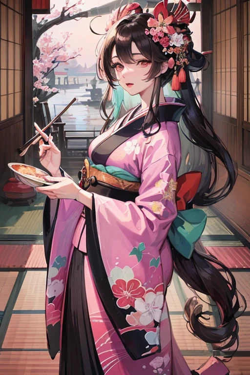 A beautiful woman in a kimono shows her upper white teeth、Vividly colored Japanese Ukiyo-e style illustrations、SeaArt creates stunning illustrations of beautiful women in kimono、Brown-black long hair、Beautiful full body style、Beautiful digital illustrations,、Beautiful digital painting, Bright and vivid anime CG art, Detailed digital anime art,  Beautiful anime portraits