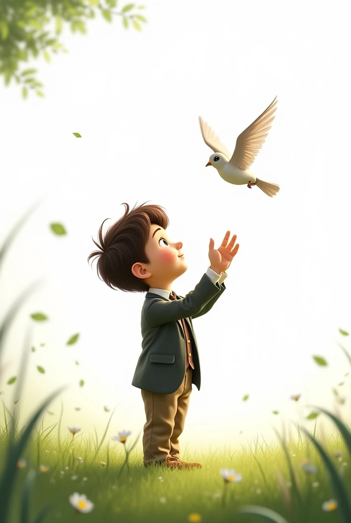 white background,best quality,little smart boy,wearing smart suit,standing on grass,raising his hands to the little bird,little bird flying,cute boy smiling