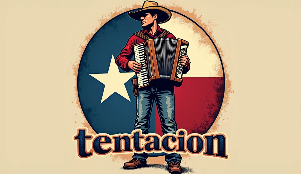 A circle-shaped logo with the name "Aremk D.j." in bold denim font. Below is a cowboy accordion player in a traditional outfit. The accordionist is standing against a background with the Texas flag. The accordionist has a gabanelli button accordion. Below the accordion player, the words "Tentacion Texana" are written in a denim font