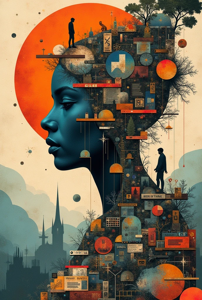 Create an abstract creative arts design using a collage technique inspired by the art of Moebius that reflects the dichotomy of humility and pride
