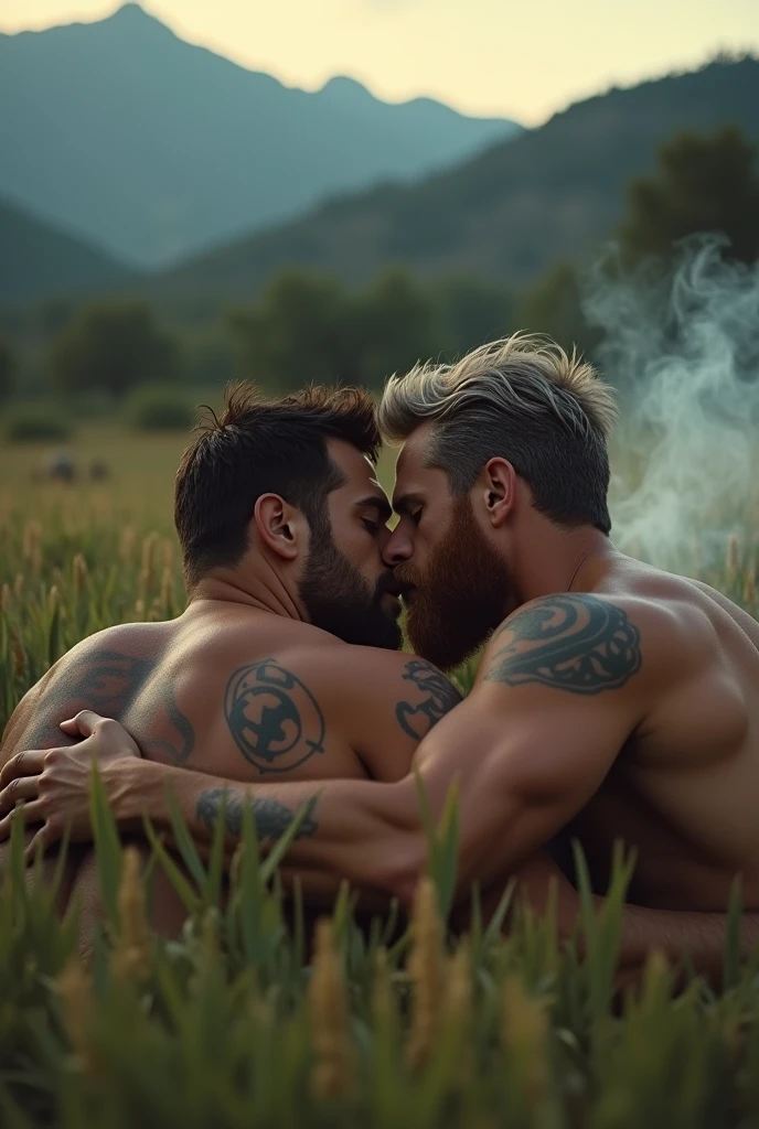 Short Hair!!!Thick chest haitness!muscle!Breakback Mountain, the western United States, Lying on the grass, !!!Lying on the grass, !!!the complex relationship between love and sex between two men, Heath Ledger, Jack Glenho, working on the farm, handsome, cowboysexy triangle thongs, more details, background scattering 1.8 HD 8k real photos! sex. Chest muscles! Chest hair! tattoo. white hair Smoke, movie feeling! Movie lights! Award-winning poster Ambiguous and teasing Western cowboy dress up。Close-up multi-angle shooting。The close-up of the protagonist!!!kissing Lying on the grass, taking a picture of God's perspective