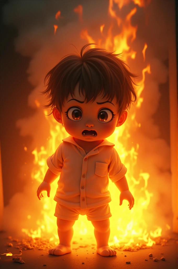 A small child is on fire