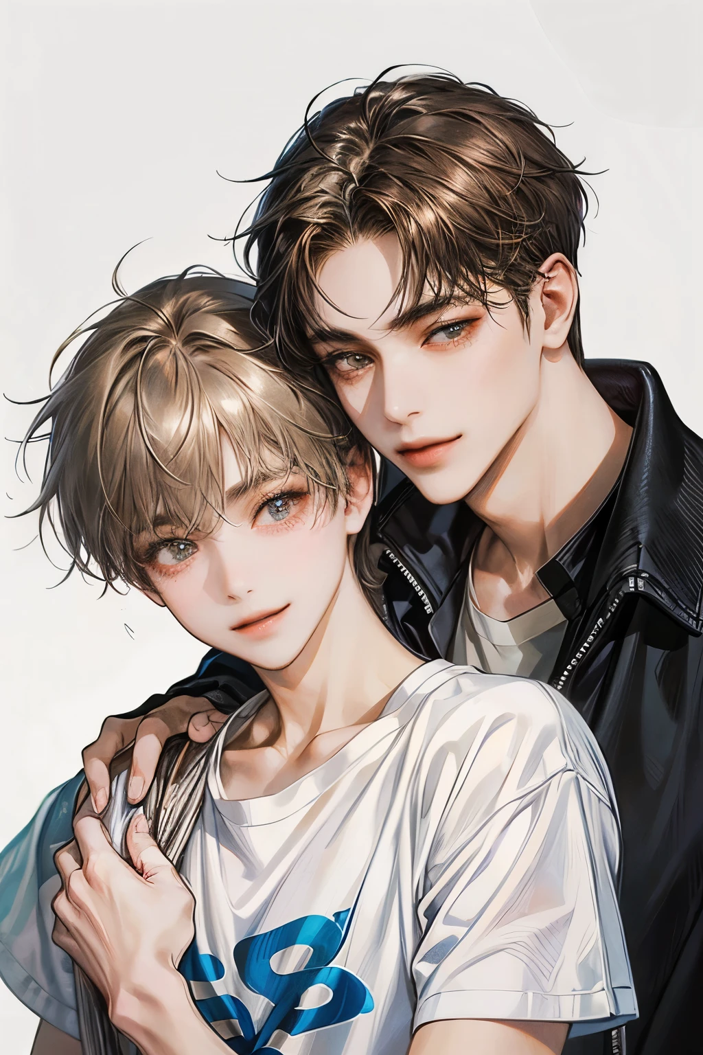 male couple, high resolution, Masterpiece, qualityที่ดีที่สุด, details, detailsสูง, quality, Anatomically correct, โมเดลhigh resolution, detailsมาก, high resolutionสุด, black hair, brown hair, รอยsmileชั่วร้าย, smile, simple background, Lots of white background, two men, MSM, t-shirt, กอดเอว