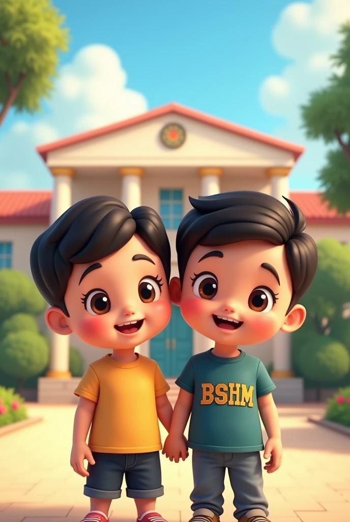 Make a two animated cute boy standing, the one is wearing an BSIT shirt and the one is wearing as the shirt embroidery BSHM as their chosen department. The background is in front of their university with the name of their school Central Luzon state university (CLSU)