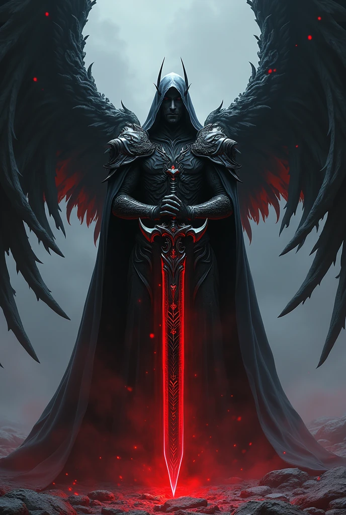 Azrael démoniaque avec une épée majestueux noir et rouge planter dans le sol
