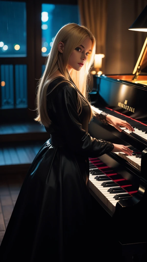masterpiece,(bestquality),highlydetailed,ultra-detailed,(dark),(intense shadows),(at the castle),(rainy night in a cyberpunk city with glowing neon lights),(piano),(player),(solo),(elegant),(long black gown),(reflection on the piano),(soft candlelight),(melancholic),(gentle touch),(flowing music notes),(emotional),(fingers gliding on the keys),cold, solo, (1boy), deteiledeyes, shinegoldeneyes, (blondhair: 0.8) (lighteyes: 0.8)