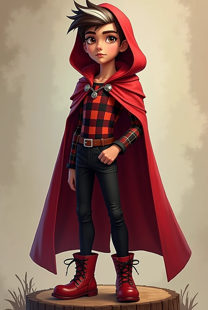 Imagem do filho da Cerise Hood e da Cedar Wood de Ever After High: A little sexy teenage boy, brown hair with white streak, eyes browns, red hood, red checkered outfit with black, black pants, red boots and wooden elements in the clothes