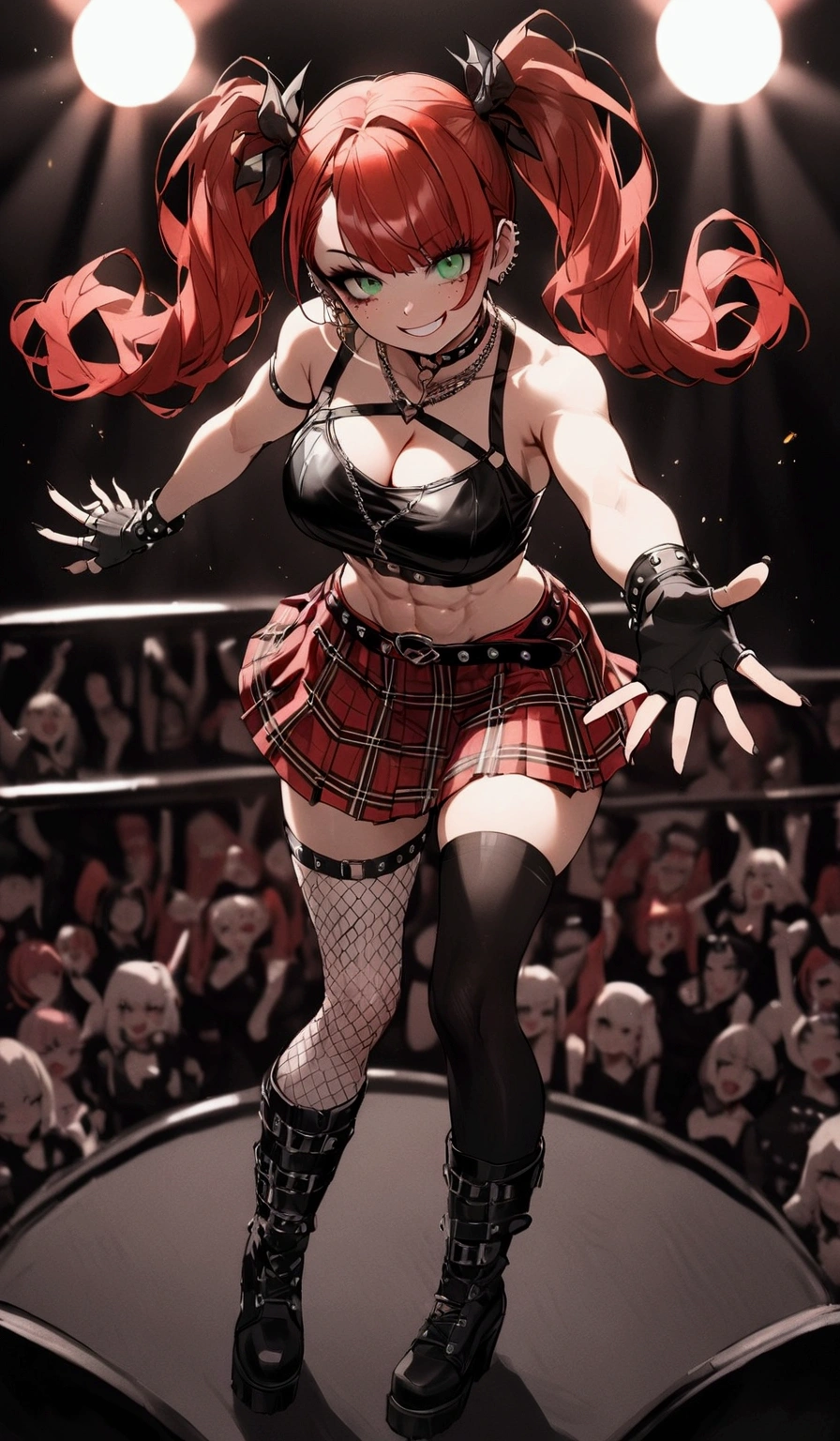 woman, grin, curly red hair in pig tails with ribbons, green eyes, black eyeshadow, wearing crop top black shirt, black jacket, red plaid skirt, black knee high boots, black fingerless gloves, exposed shoulders, large breasts, freckles, abs, cleavage, looking at viewer, masterpiece, best quality, Holo-Punk Style, on stage, rockstar, playing guitar, make up, eyelashes, fish net undershirt, fish net stockings, (full body)