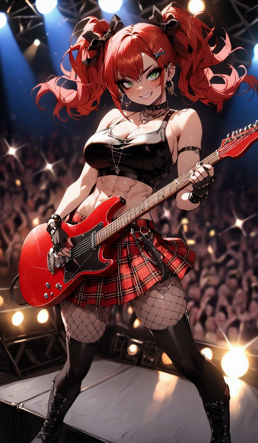 woman, grin, curly red hair in pig tails with ribbons, green eyes, black eyeshadow, wearing crop top black shirt, black jacket, red plaid skirt, black knee high boots, black fingerless gloves, exposed shoulders, large breasts, freckles, abs, cleavage, looking at viewer, masterpiece, best quality, Holo-Punk Style, on stage, rockstar, playing guitar, make up, eyelashes, fish net undershirt, fish net stockings, (full body)