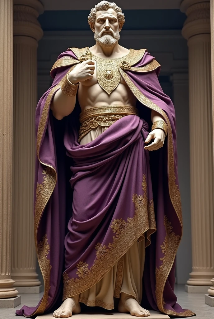Greek statue dressed in a king&#39;s robe with purple details and several majestic gold accessories