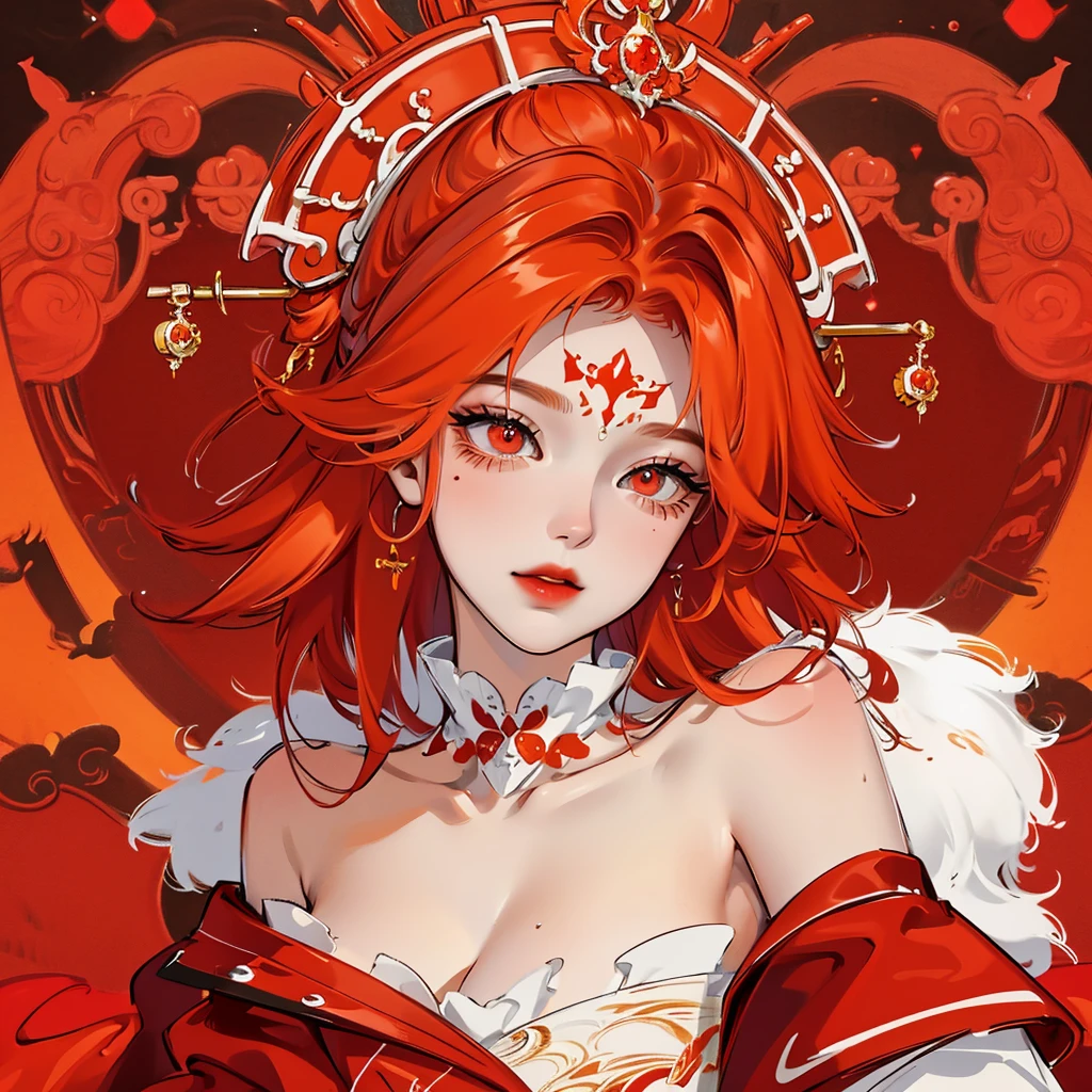 A beautiful goddess with a glowing vibrant red hue orange long hair with red crimson pupils, with a soft confident smile.