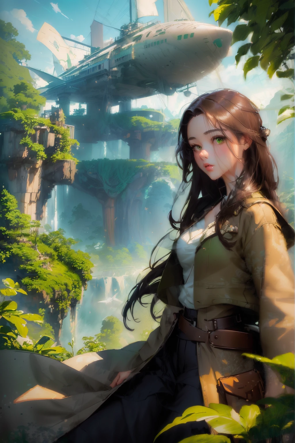 anime girl in a green coat standing in front of a bridge, artwork in the style of guweiz, artgerm and atey ghailan, beautiful character painting, digital anime illustration, beautiful digital artwork, a beautiful artwork illustration, beautiful avatar pictures, 4k highly detailed digital art, guweiz, ross tran. scenic background, fantasy art style