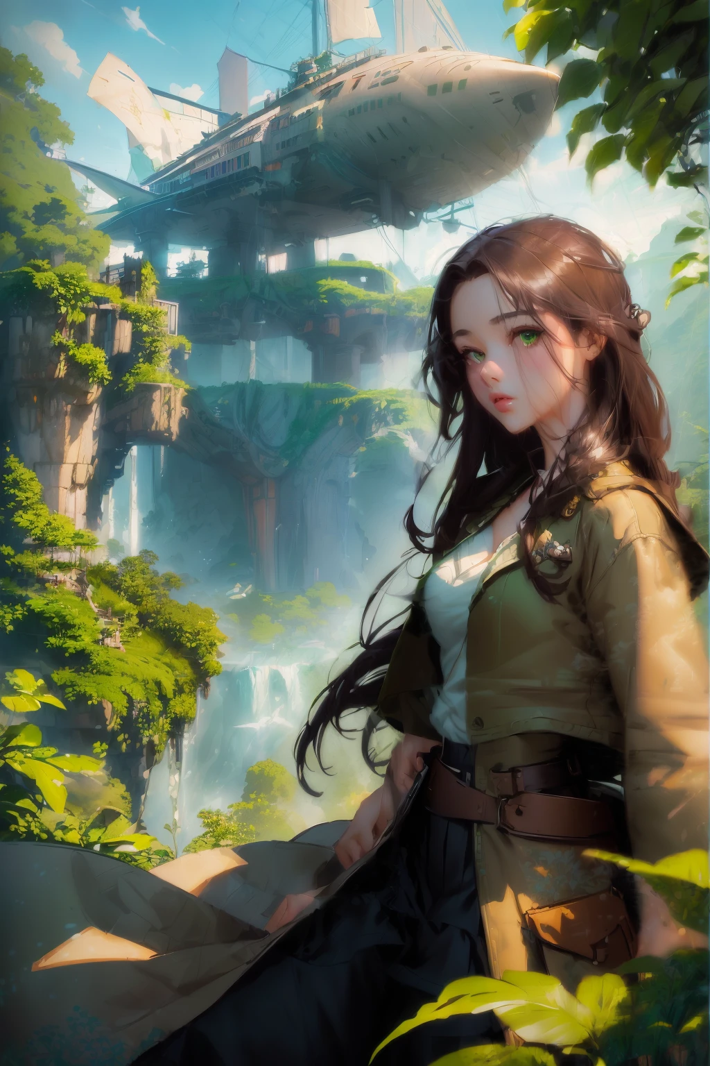 anime girl in a green coat standing in front of a bridge, artwork in the style of guweiz, artgerm and atey ghailan, beautiful character painting, digital anime illustration, beautiful digital artwork, a beautiful artwork illustration, beautiful avatar pictures, 4k highly detailed digital art, guweiz, ross tran. scenic background, fantasy art style