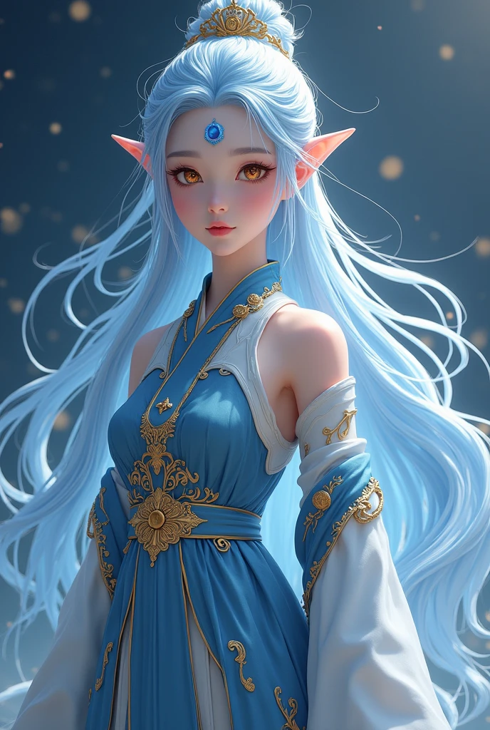 Most beautiful  6 Yo xianxia female protagonist,cold face,light blue dominant fillamen and silver undertone long hair ,golden fiery eyes,use majestic garmen with dark blue sky dominant fillamen,tight clothes,big breast,golden pattern clothes,face detailed,lips detailed,thin red lips,golden rune scratch at fore head, held icycle blue sword,sword detailed,forehead detailed,better quality, masterpiece,24K ultra hd,super beautiful detail,goddess featuring