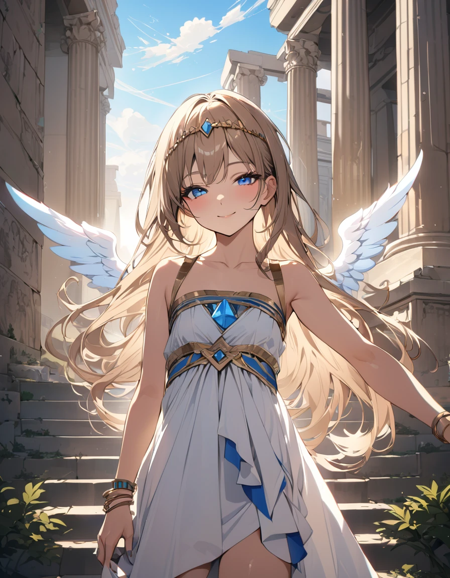 (masterpiece)、(absurdres)、(ultra detailed)、(8k),angel wing:1.2,floating angel feathers:1.5,(backlighting:0.9),Ancient Greek temples:0.9、half-closed eyes,closed mouth,smile,cowboy shot,(solo lady),(dark blonde hair:1.2),(straight long hair:1.1),BREAK,shiny blue eyes,BREAK,(athletic),(flat chest),(Pierce:0.9),(bracelet:0.8),(Greece costume),(Diamond Circlet)