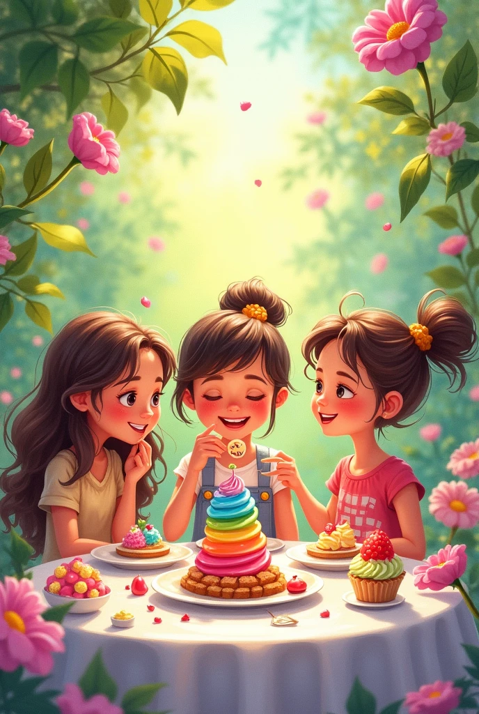Create a watercolour theme about this story "Vina’s friend Jake said, “The cookies are the best I’ve ever tasted!” Emily exclaimed, “The strawberry shortcake is so sweet and yummy!”
When everyone had tried each dessert, Vina’s mom brought out the rainbow parfait. The children took their first bite and gasped with delight. The layers of fruit and yogurt danced on their taste buds." (The place is in the garden in Sweetopia)