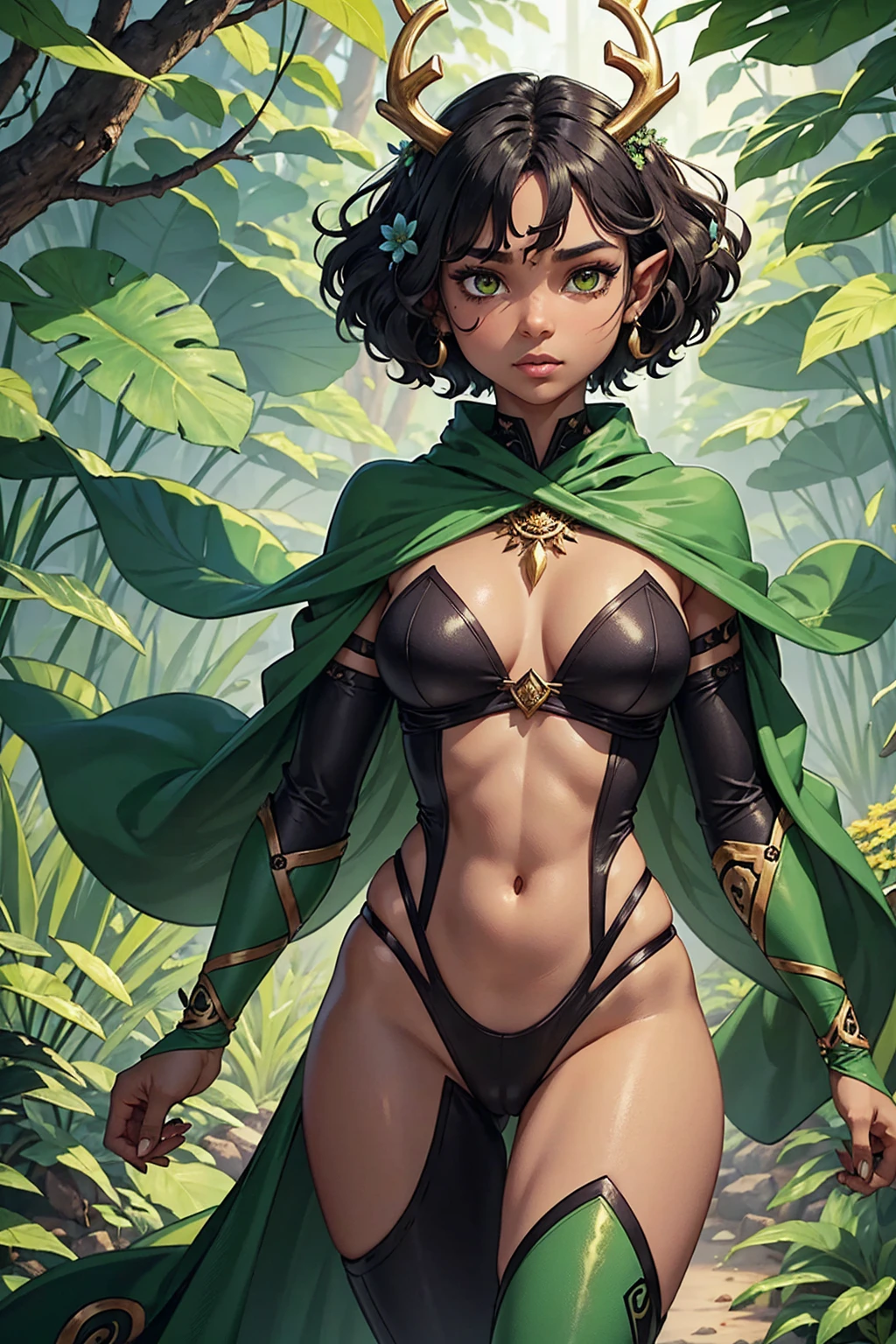 Jungle like environment. A young African-American Woman with a deep, rich brown skin tone. She short has leaf green curly hair & is wearing a form-fitting bodysuit with a deep neckline, exposing much of her chest area & slightly revealing mythic flowing Black-Purple-Green cloak with Golden Floral designs. She has Serious yet gentle gaze in her heterochrome eyes, with One eye being a deep green and the other being a light gold. She has long crystal blue antlers radiating Floral energy & a set of quaint elven ears. She has a small cute nose She is seen in a battle stance radiating a floral energy
