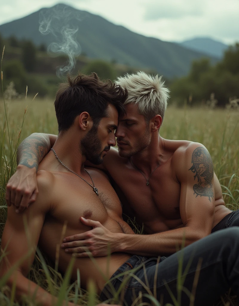 Short Hair!!!Thick chest haitness!muscle!Breakback Mountain, the western United States, Lying on the grass, !!!Lying on the grass, !!!the complex relationship between love and sex between two men, Heath Ledger, Jack Glenho, working on the farm, handsome, cowboysexy triangle thongs, more details, background scattering 1.8 HD 8k real photos! sex. Chest muscles! Chest hair! tattoo. white hair Smoke, movie feeling! Movie lights! Award-winning poster Ambiguous and teasing Western cowboy dress up。Close-up multi-angle shooting。The close-up of the protagonist!!!kissing Lying on the grass, taking a picture of God's perspective
