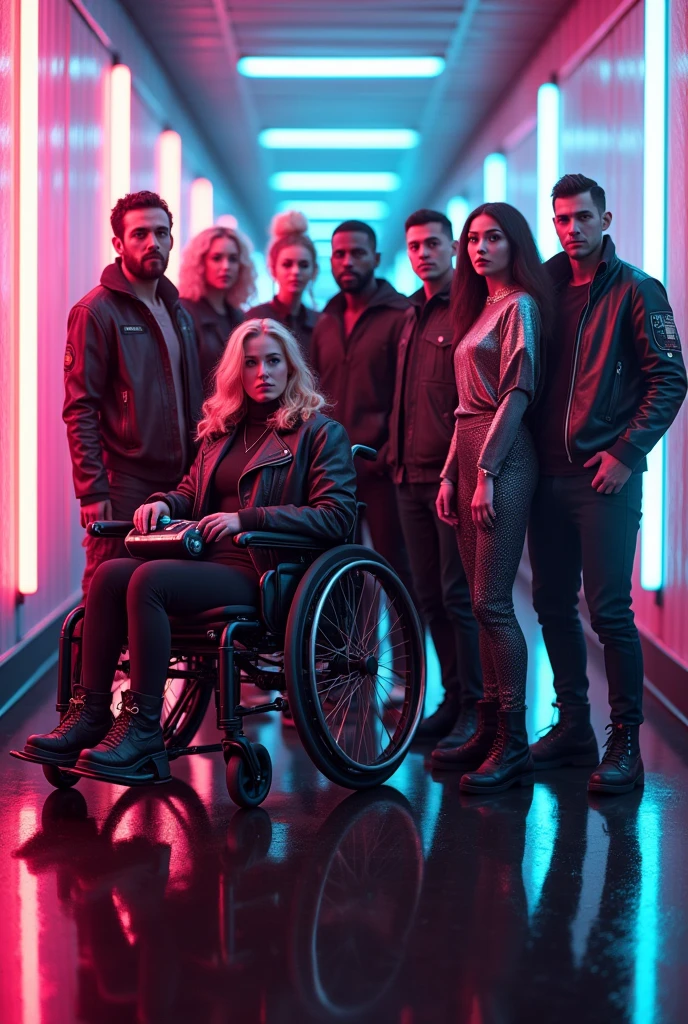 [Subject: Diverse Cyber Retro Punk Group] A high-resolution, cinematic image of a diverse group of men and women in a neon-lit, futuristic corridor. **Characters**: Includes a fit woman in a cyberpunk jacket, a blonde woman in a wheelchair with a leather jacket, a bold black businesswoman in a metallic power suit, an Asian woman with pink hair and robotic implants, an old punk retro lady in a studded leather jacket, a middle-aged man in a military jacket with cyber enhancements, a young man with a robotic arm in a retro bomber jacket, and a non-binary individual in a holographic poncho with a cybernetic leg. **Fantasy Pet**: A small, hovering robotic pet with glowing eyes and metallic scales. The scene is set in a neon-lit corridor with reflections, creating a powerful and inclusive cyber retro punk vibe. [Lighting: Neon glow] [Camera: Group shot] [Resolution: 8k, hyper-realistic] [Style: Cyber retro punk, diverse and inclusive] [Inspiration: Cyberpunk, retro-futurism].
