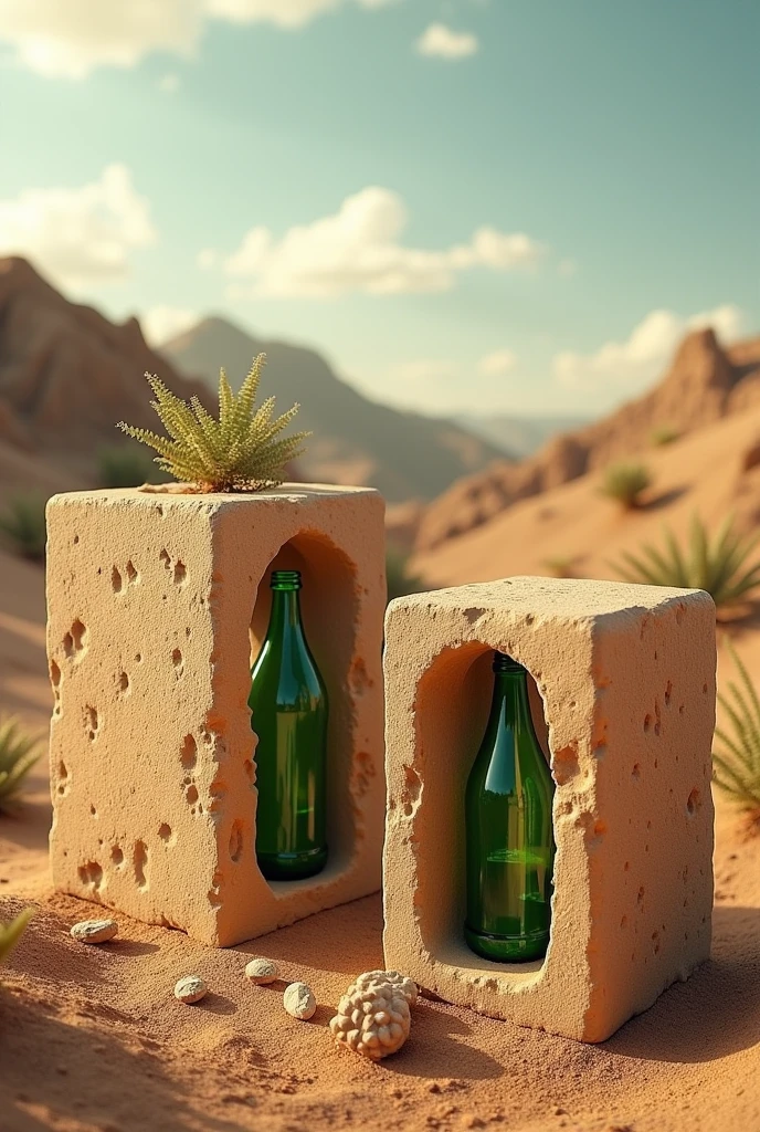 Create an advertising poster for an adobe brick company with embedded glass bottles
