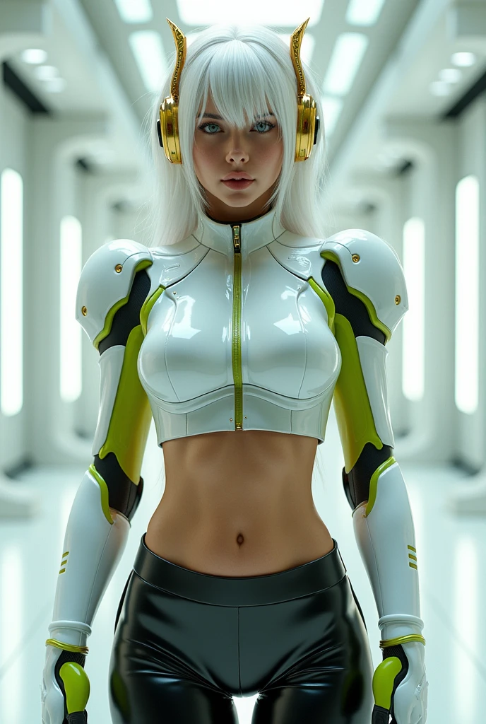 (HYPER-REALISTIC:1.5), AI GIRL GRNERATOR (BEAUTY WHITE HAIR,PHOENIX GOLD HELM:1.1), (GIGANTIC FAKE BREAST:1.5), ((CLEAVAGE:1.5)), (MUSCLE ABS:1.3), (WHITE GREEN SHINY FUTURISTIC MECHA CYBER CROPTOP, BLACK MECHA SKINTIGHT LEGGINGS,POTRAIT:1.5), (VOLUPTUOUS BODY MATURE WOMAN, SWEATY BODY:1.1), (LOOKING AT VIEWER:1.3), (female focus:0.8), (HALLROOM OF FUTURISTIC SPACE STATION:1), (BRIGHT LIGHT WHITE_ROOM:1.3), HYPER TEXTURE, (4X MSAA), ((UNREAL ENGINE 5 RENDER)), PHYSICALLY-BASED RENDERING, ULTRA HIGHT DEFINITION, 16K, 1080P.