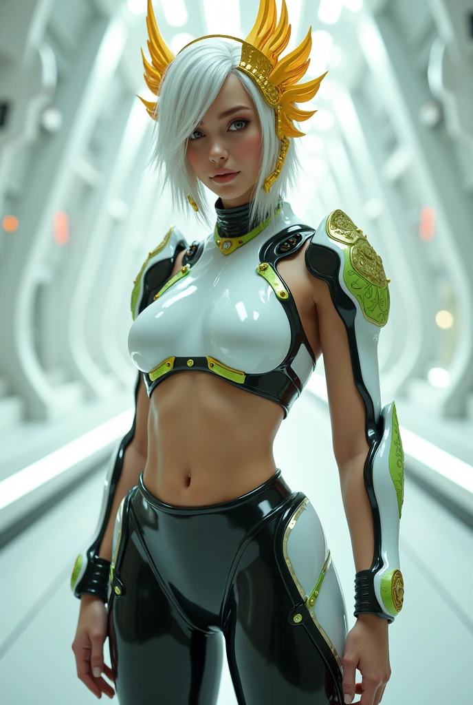 (HYPER-REALISTIC:1.5), AI GIRL GRNERATOR (BEAUTY WHITE HAIR,PHOENIX GOLD HELM:1.1), (GIGANTIC FAKE BREAST:1.5), ((CLEAVAGE:1.5)), (MUSCLE ABS:1.3), (WHITE GREEN SHINY FUTURISTIC MECHA CYBER CROPTOP, BLACK MECHA SKINTIGHT LEGGINGS,POTRAIT:1.5), (VOLUPTUOUS BODY MATURE WOMAN, SWEATY BODY:1.1), (LOOKING AT VIEWER:1.3), (female focus:0.8), (HALLROOM OF FUTURISTIC SPACE STATION:1), (BRIGHT LIGHT WHITE_ROOM:1.3), HYPER TEXTURE, (4X MSAA), ((UNREAL ENGINE 5 RENDER)), PHYSICALLY-BASED RENDERING, ULTRA HIGHT DEFINITION, 16K, 1080P.