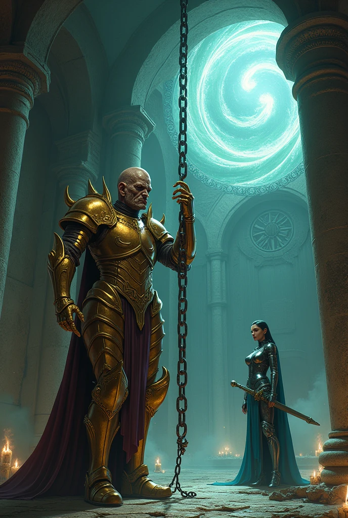 An evil man in gold armor is being sucked into an extra-dimensional rift in the wall。The man is holding on to the chains attached to the pillar with only his upper body exposed.。A female knight in blue armor is watching carefully.。