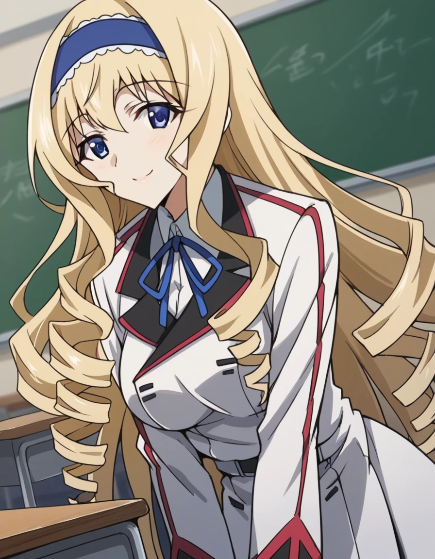 score_9, score_8_up, score_7_up, source_anime,
ceciliaalcott, cecilia alcott, long hair, blue eyes, blonde hair, hairband, drill hair, blue hairband,
school uniform, ribbon, blue ribbon, long sleeves, red trim, uniform, military uniform, white military uniform,
indoors, classroom, bent over, smile,
looking at viewer, cowboy shot, solo, dutch angle,