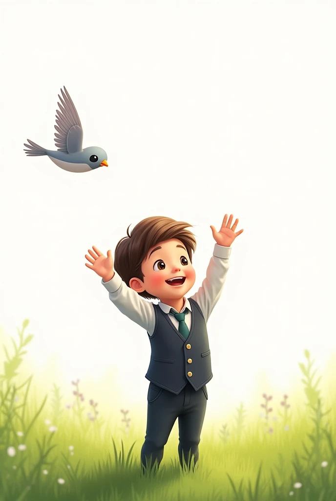 white background,best quality,little smart boy,wearing smart suit,standing on grass,raising his hands to the little bird,cute beautiful little bird flying,cute boy smiling