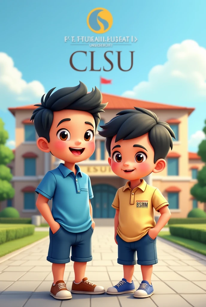Make a two animated cute boy standing, the one is wearing an BSIT shirt(taller boy) and the one is wearing as the shirt embroidery BSHM as their chosen department. The background is in front of their university with the name of their school Central Luzon state university (CLSU)