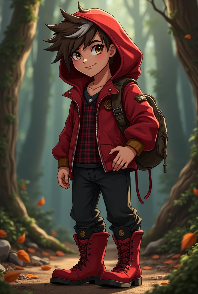 Imagem do filho da Cerise Hood e da Cedar Wood  de Ever After High: A slightly sexy older teen boy, brown hair with white streak, eyes browns, red hood, red checkered outfit with black, black pants, red boots and wooden elements in the clothes

