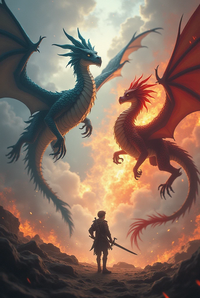 Create images of flying dragons and dancing phoenixes, Sword-wielding Dragon-Stomping Teenager, Text style, Title "Follow the egg to win" Ratio 9:16