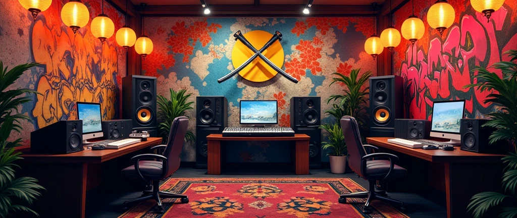 Brightly colored graffiti art mixes with the serene imagery of Japanese calligraphy and landscapes. Lanterns hang from the ceiling, casting a warm glow over the room, while traditional katanas are mounted on one wall, crossed in an X formation above a modern soundboard. The desks have been pushed to the sides, replaced by music equipment—turntables, mics, and speakers, all set up for recording.