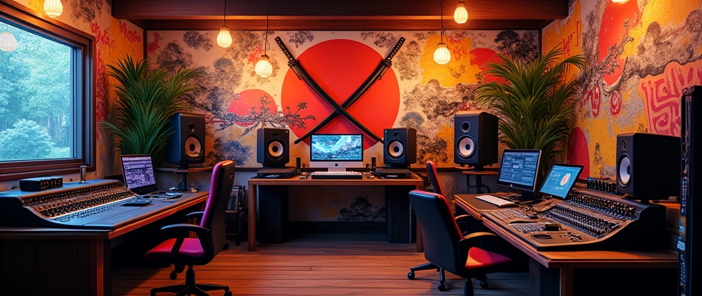 Brightly colored graffiti art mixes with the serene imagery of Japanese calligraphy and landscapes. Lanterns hang from the ceiling, casting a warm glow over the room, while traditional katanas are mounted on one wall, crossed in an X formation above a modern soundboard. The desks have been pushed to the sides, replaced by music equipment—turntables, mics, and speakers, all set up for recording.